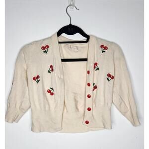 Belle Poque Cardigan Sweater Womens Small Ivory Cherry Embroidered Cropped